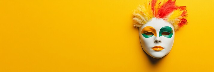 Vibrant Carnival Mask with Feathers on Yellow Background