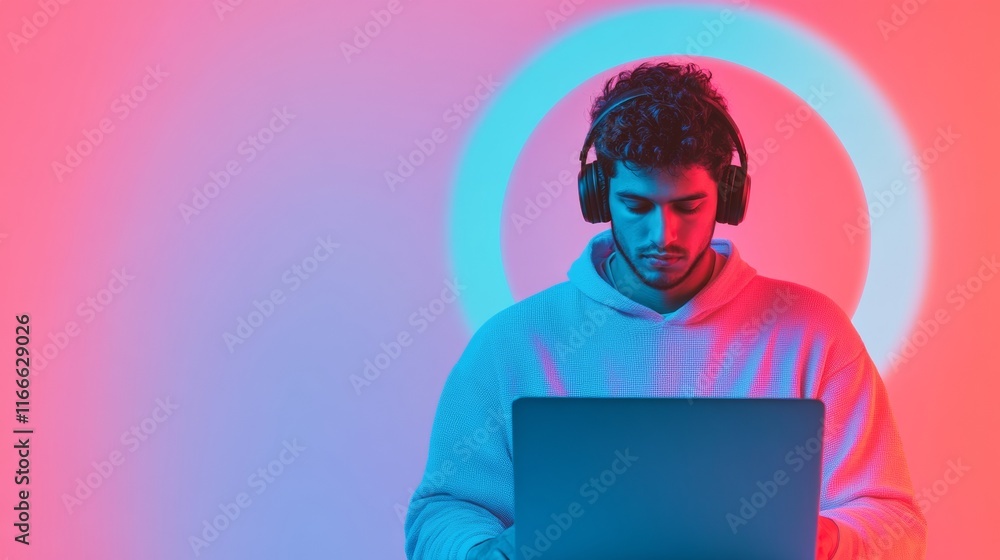 Fototapete Young Coder in Neon Glow Digital Learning and Programming Focus
