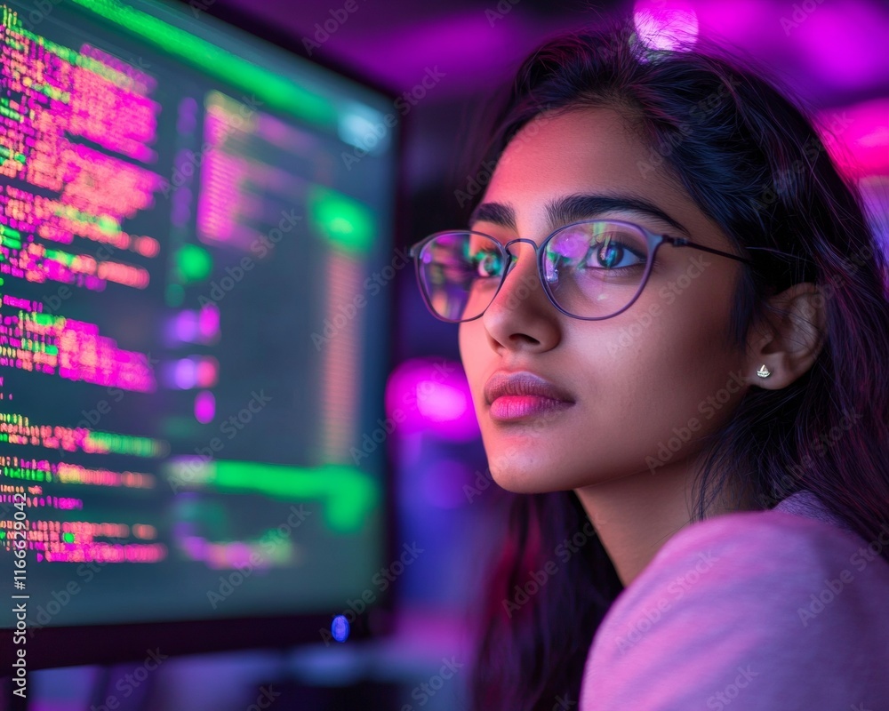 Poster Young Female Programmer Focused on Coding in Neon Tech Environment