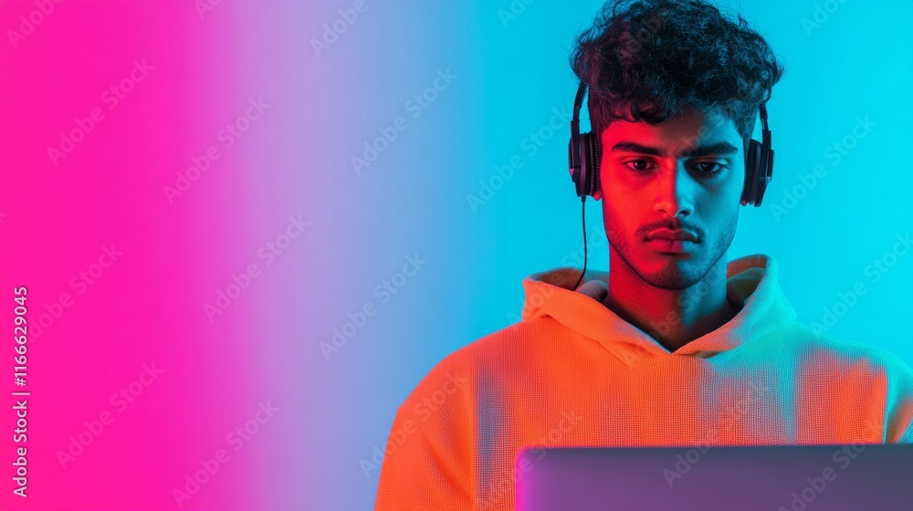 Poster young man immersed in coding on laptop with neon lighting