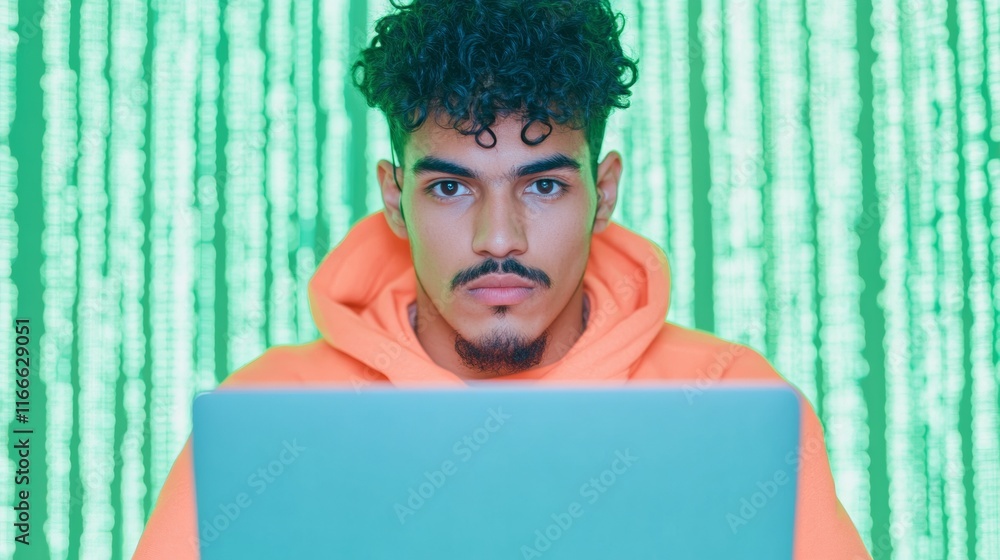 Fototapete Focused Young Programmer with Neon Code Display in Dimly Lit Workspace