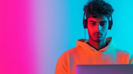 Young Man Immersed in Coding on Laptop with Neon Lighting