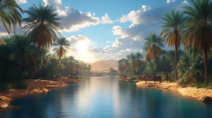 Oasis sunset with camels.