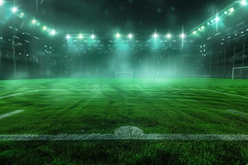 High Detail Picture of Soccer Field Under the Glow of Spotlights with Background of Winners