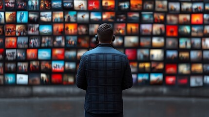 Man with headphones facing diverse video wall.