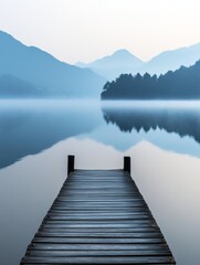 Serene Pier Extending into Foggy Lake with Pastel Sky Reflections