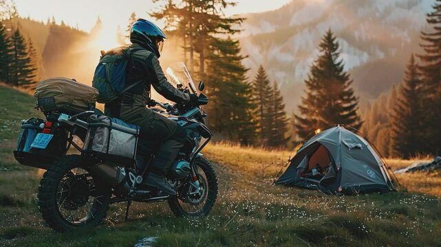 A lone rider on a motorcycle, silhouetted against a stunning sunset, with a tent pitched in the foreground. The perfect image for adventure travel, exploration.