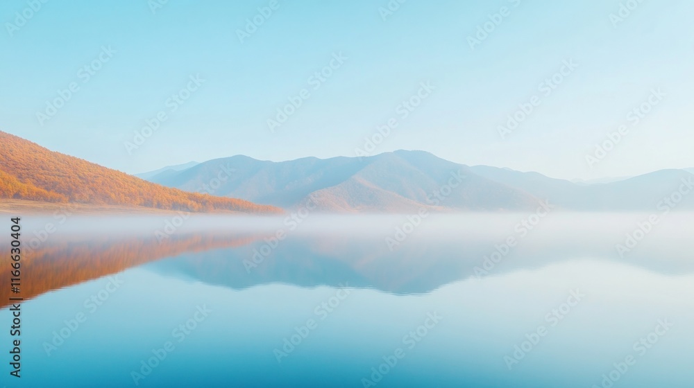 Poster serene misty mountain lake reflections capturing calm atmospheric patterns