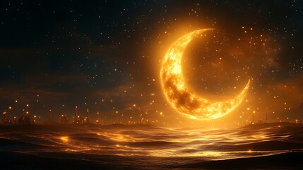 Golden Crescent Moon Over Illuminated Desert Cityscape