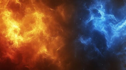 Fiery orange and icy blue cosmic nebulae collide in space