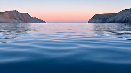 Serene Sunset Over Calm Ocean Between Two Cliffs