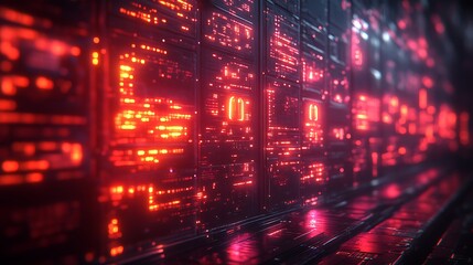 Futuristic red digital wall interface.