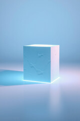 illuminated pale blue cube on a matching background