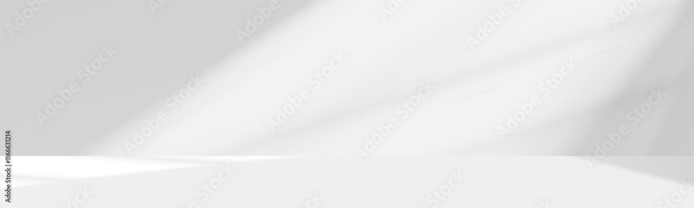 Poster background white studio wall grey with shadow on floor.3d kitchen room with light on podium with cop