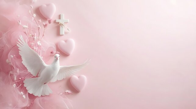 Pink Background with White Dove Hearts and Cross