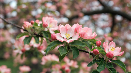 Delicate Blossoms of a Pink Apple Tree in Bloom