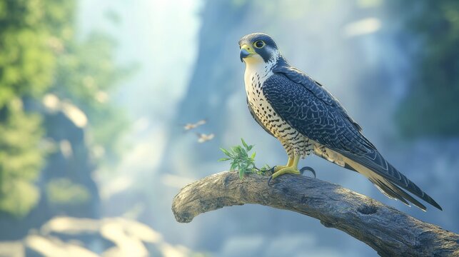 Peregrine falcon on branch. Bird of prey falconry male portrait, Falco peregrinus
