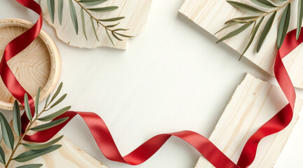 Fototapeta premium red ribbon green leaves arranged on wooden boards against a white backdrop.