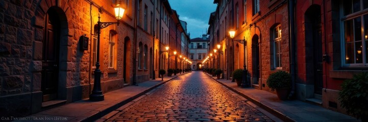 Fototapeta premium Cobblestone street at night with illuminated lamps, pavement, architectural
