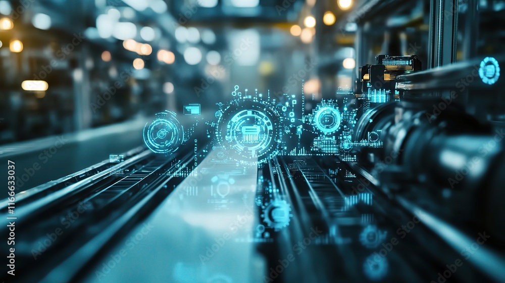 Poster concept of business automation with digital icons in industrial setting