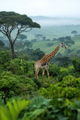 Fototapeta premium A serene landscape featuring a giraffe amidst lush greenery and distant hills.