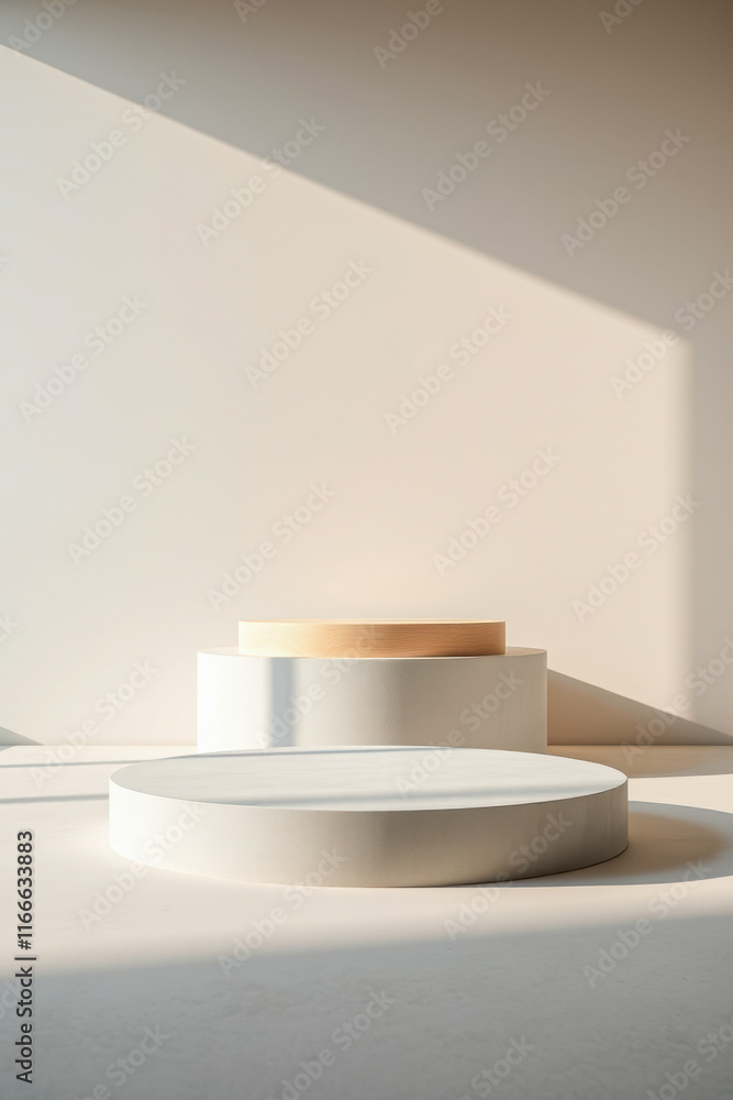 Poster tiered display circular platforms soft light