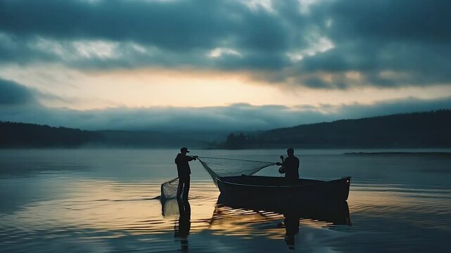 A serene depiction of a fisherman casting his net into a calm lake surrounded by majestic mountains during sunrise. The golden light creates a tranquil and timeless atmosphere