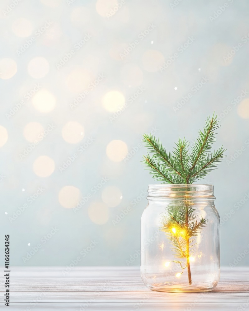 Poster enchanting festive miniature illuminated jar with christmas tree and golden bokeh