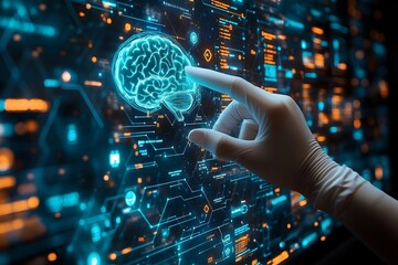 doctor's hand touching a blue digital infographic wall of brain health activities, symbolizing AI’s integration and analysis capabilities in healthcare.