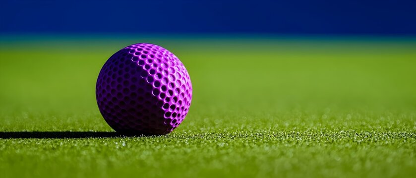 A purple golf ball is sitting on a green grass field
