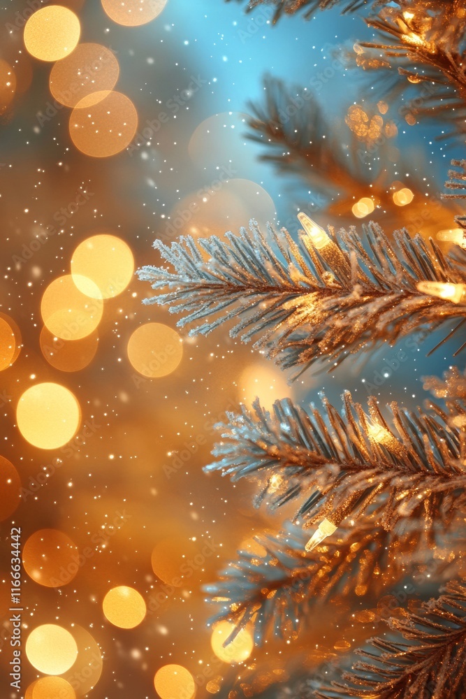 Poster Frost-Covered Fir Branch Sparkling Under Golden Lights with Bokeh Background