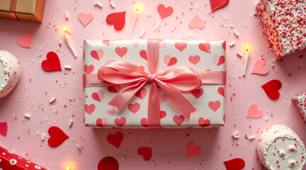 pink white heart-patterned gift with pink ribbon