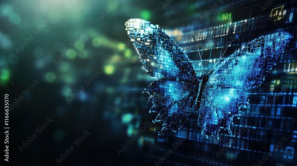 Poster the concept of digital transformation with a pixelated butterfly emerging from binary code, symboliz