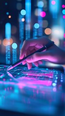 Modern Finance Korean Student Analyzing Digital Budget with Stylus and Tablet