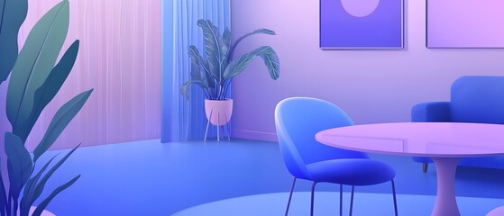 A living room with a blue couch and a plant