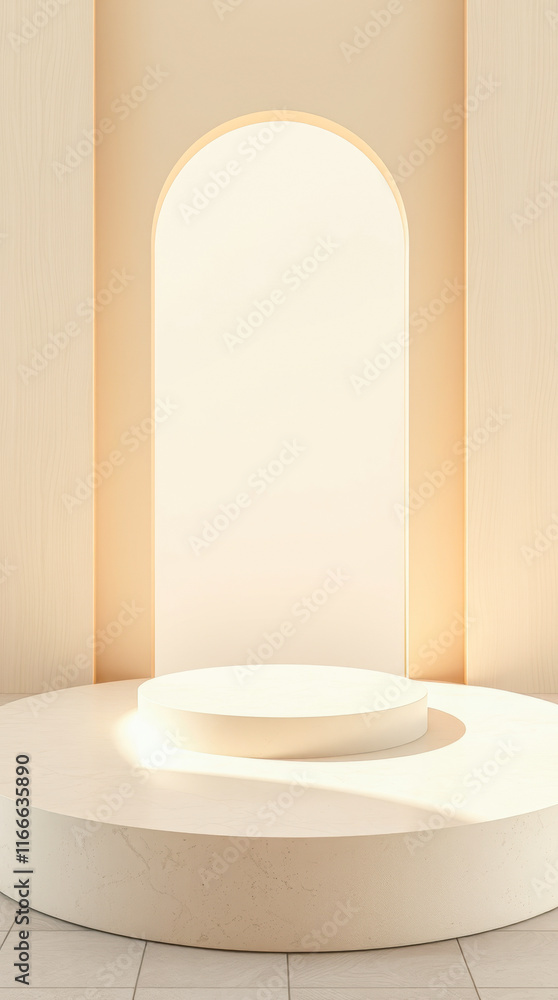 Poster cream-colored circular display platform a minimalist setting