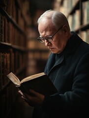Serene Reflection Minimalist Portrait of a Man Engrossed in Literature in a Softly Lit Library