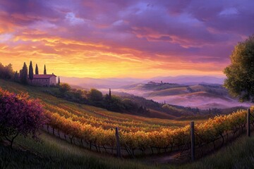 Naklejka premium A beautiful sunrise over the rolling hills of Tuscany, with mist in the valley and a colorful sky. A distant silhouette of a house on the top left hill. A vineyard at the bottom right