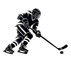Black and white isolated vector illustration of ice hockey player on white background.