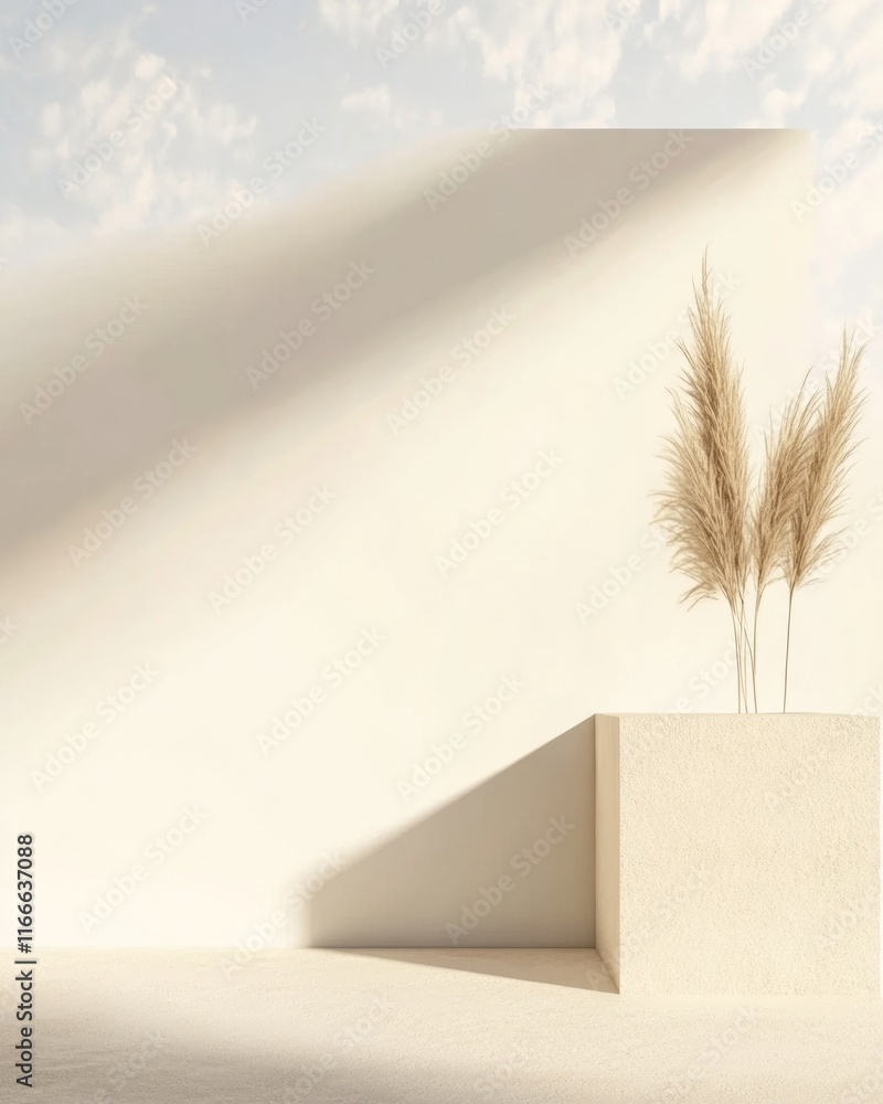 Aufkleber minimalist desert modern architecture with ornamental pampas grass and soft clouds