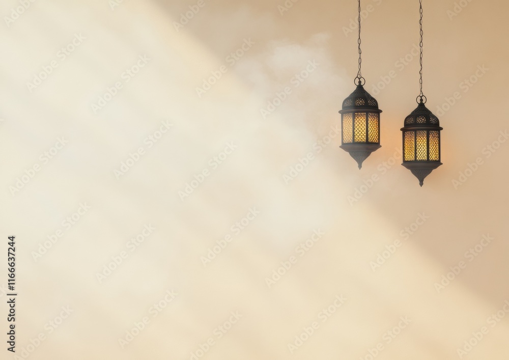 Poster elegant glow of lanterns in a dim, serene setting capturing ramadan ambiance