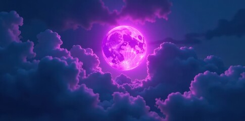 Obraz premium Dramatic glowing purple circle amidst dark clouds, Ethereal Atmosphere, Night Sky