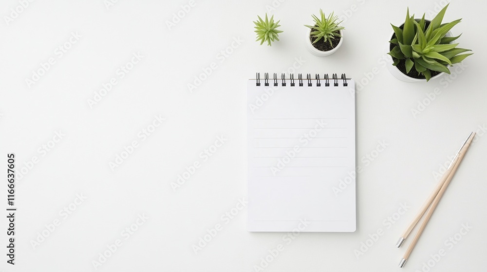 Poster Minimalistic Workspace with Open Notebook and Small Green Plants in Soft Natural Light