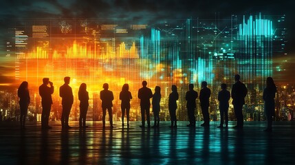 Silhouetted business team watching futuristic data display over cityscape.