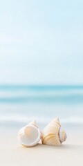 Serene Seashells on Sandy Beach with Tranquil Ocean Background