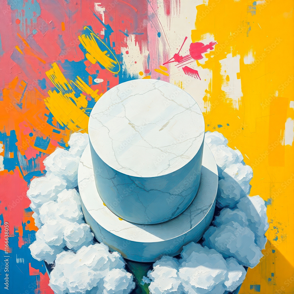 Poster two-tiered cylindrical structure on clouds against abstract background