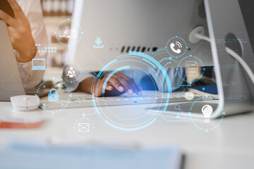 Copyright or patent concept, Person hand using laptop computer, tablet and smartphone with virtual screen copyright icon trademark, Creation ownership against piracy at office.