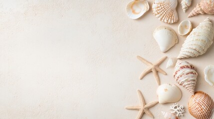 Coastal Still Life Textured Seashell and Starfish Arrangement on Sandy Beach