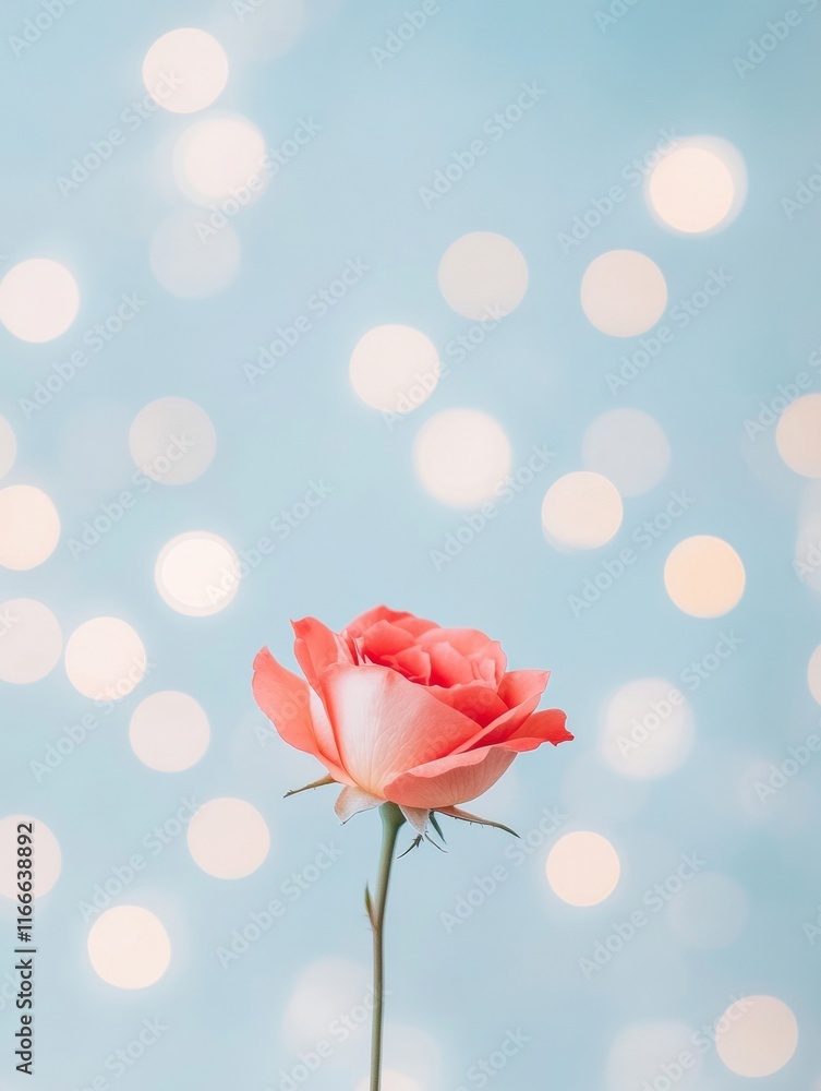 Poster elegant red rose with soft bokeh lights against a light blue background