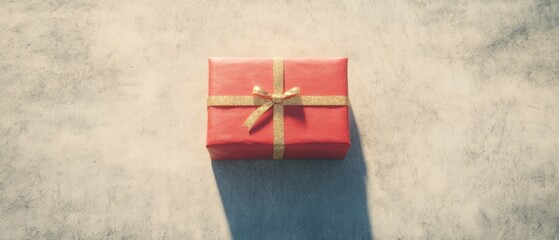 Fototapeta premium Bright Red Gift Box with Golden Ribbon Bow on Sunlit Surface
